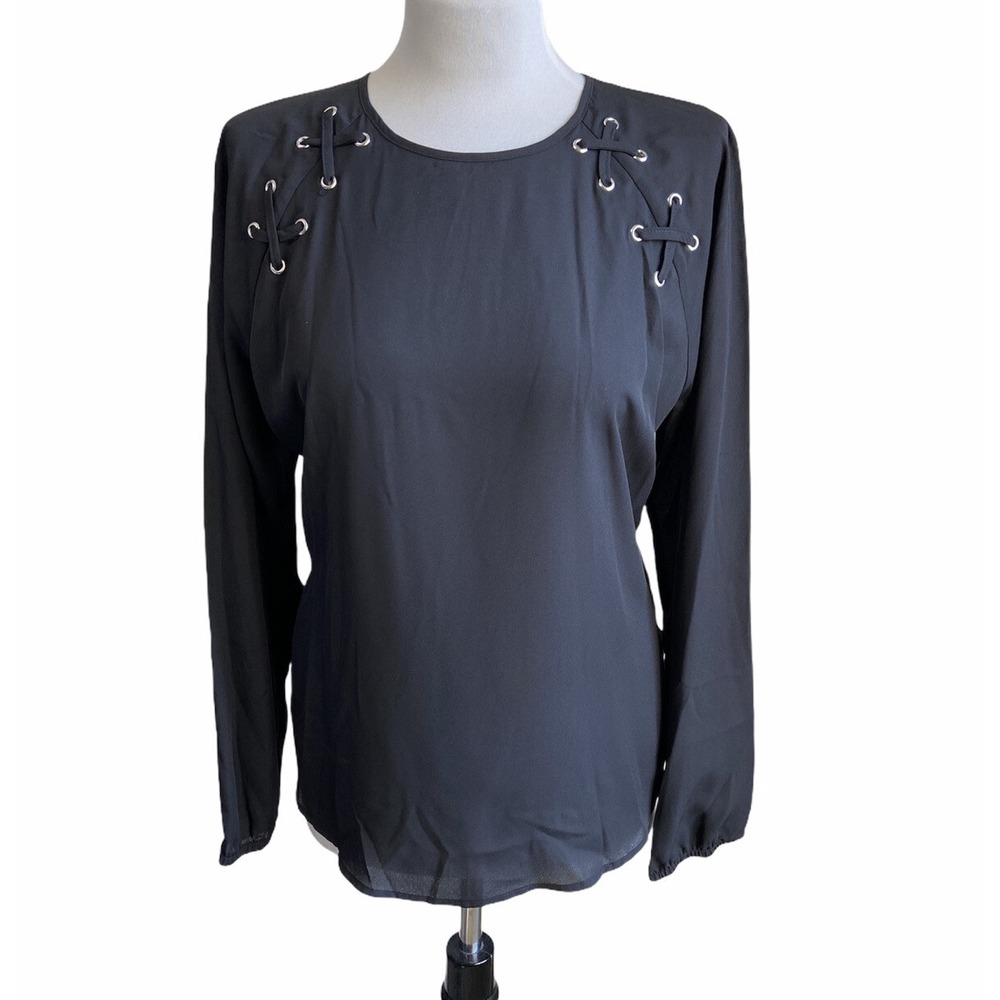 NWT Michael Kors Women's Black Grommet Lace Up High Low Long Sleeve‎ Top Medium